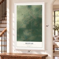 Mizpah, Minnesota map, 24 x 36 inch print in a white frame by a staircase