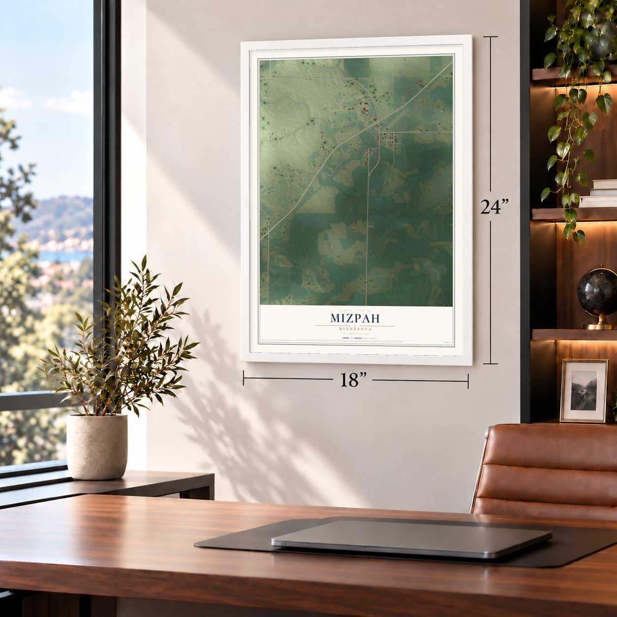 Mizpah, Minnesota map, 18 x 24 inch print in a white frame in a home office