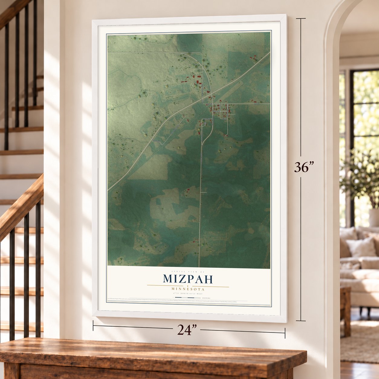 Mizpah, Minnesota map, 24 x 36 inch print in a white frame by a staircase