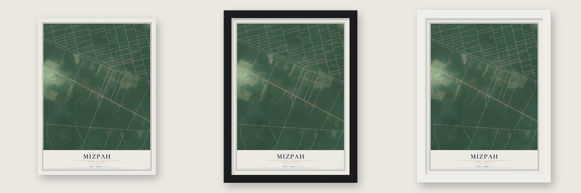 Mizpah, New Jersey map unframed, in a black wood frame and in a white wood frame