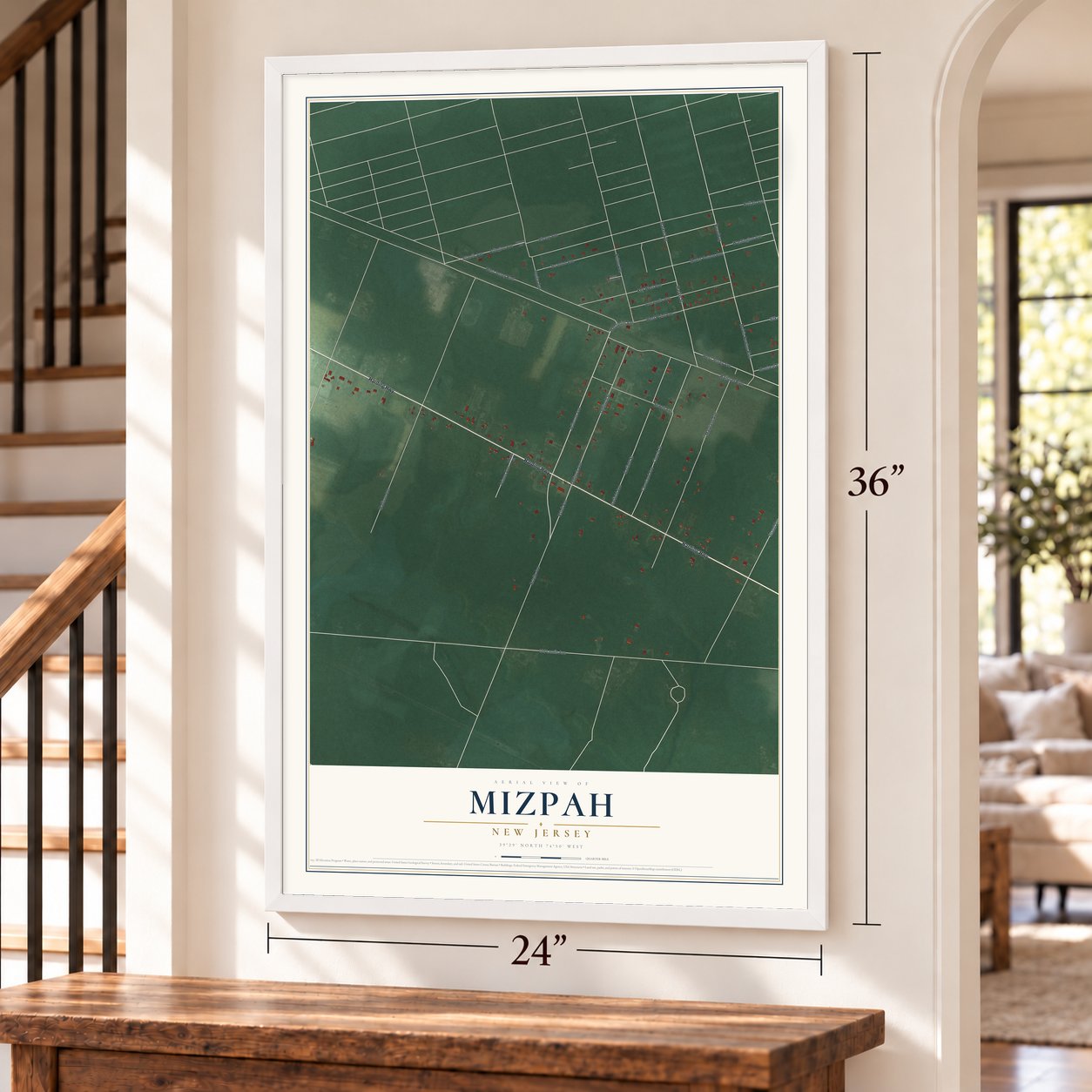 Mizpah, New Jersey map, 24 x 36 inch print in a white frame by a staircase