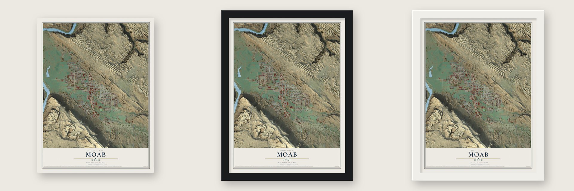 Moab, Utah map unframed, in a black wood frame and in a white wood frame