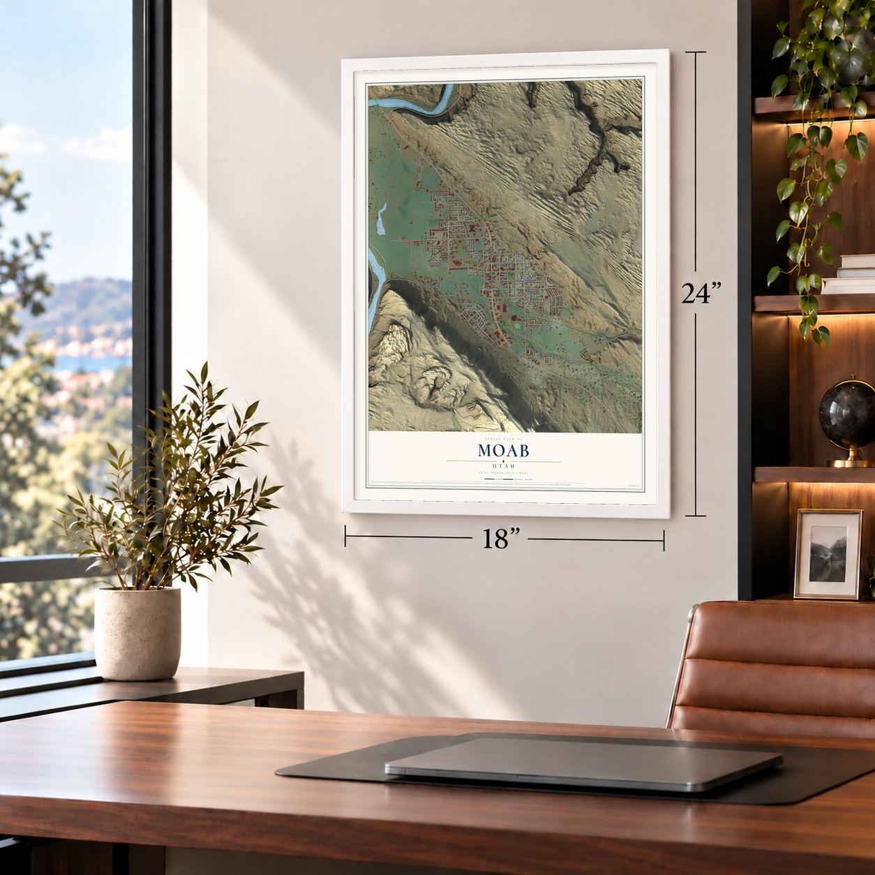 Moab, Utah map, 18 x 24 inch print in a white frame in a home office
