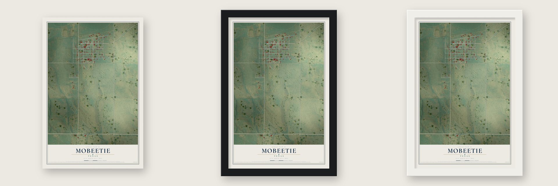 Mobeetie, Texas map unframed, in a black wood frame and in a white wood frame