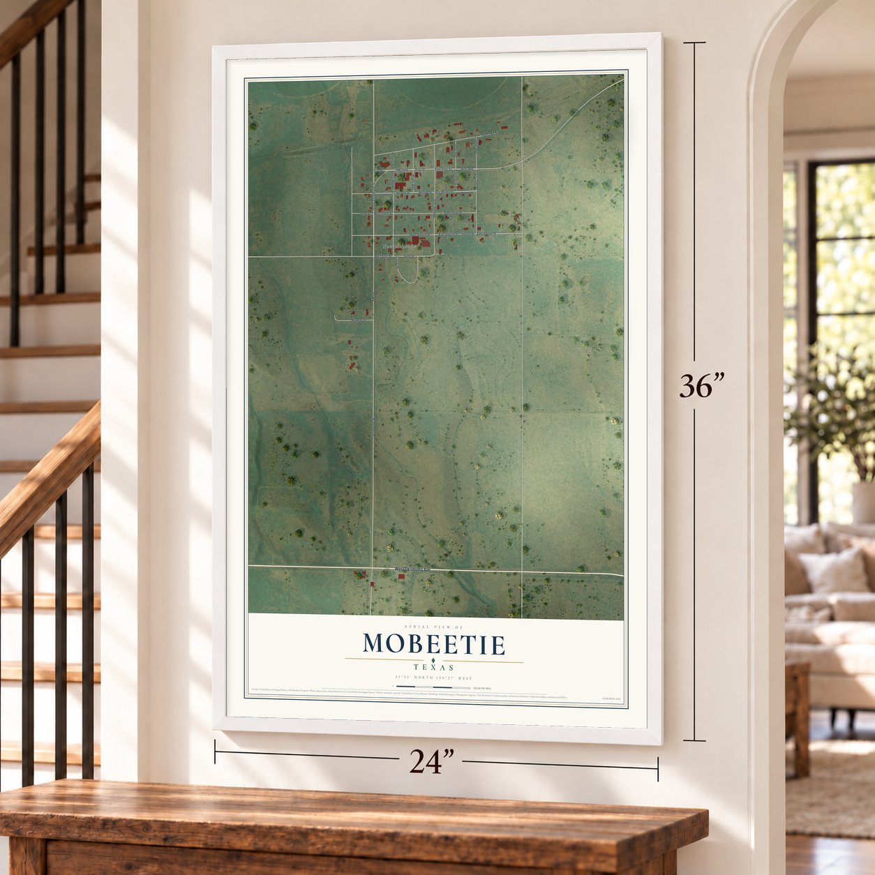 Mobeetie, Texas map, 24 x 36 inch print in a white frame by a staircase