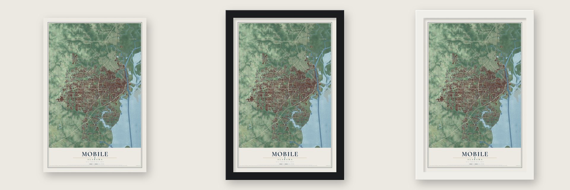 Mobile, Alabama map unframed, in a black wood frame and in a white wood frame