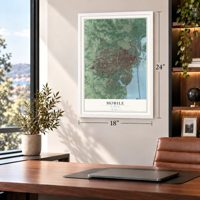 Mobile, Alabama map, 18 x 24 inch print in a white frame in a home office