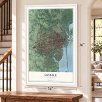 Mobile, Alabama map, 24 x 36 inch print in a white frame by a staircase