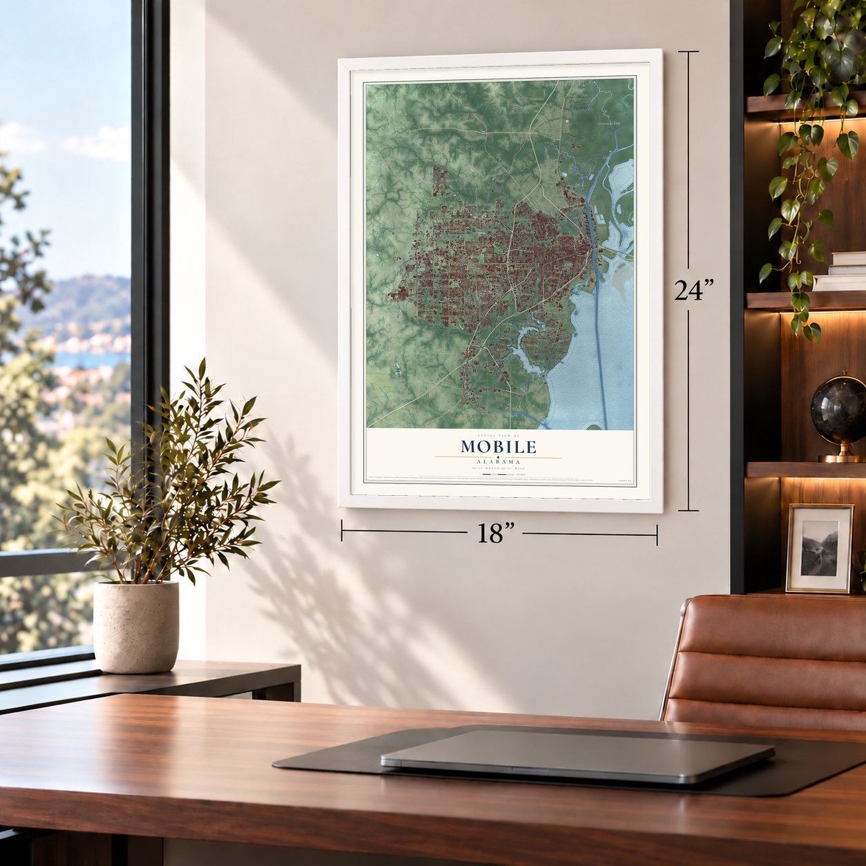 Mobile, Alabama map, 18 x 24 inch print in a white frame in a home office