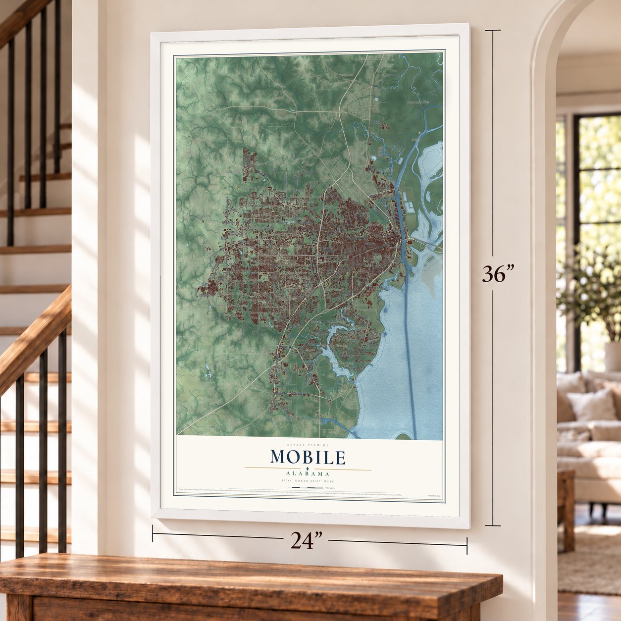 Mobile, Alabama map, 24 x 36 inch print in a white frame by a staircase