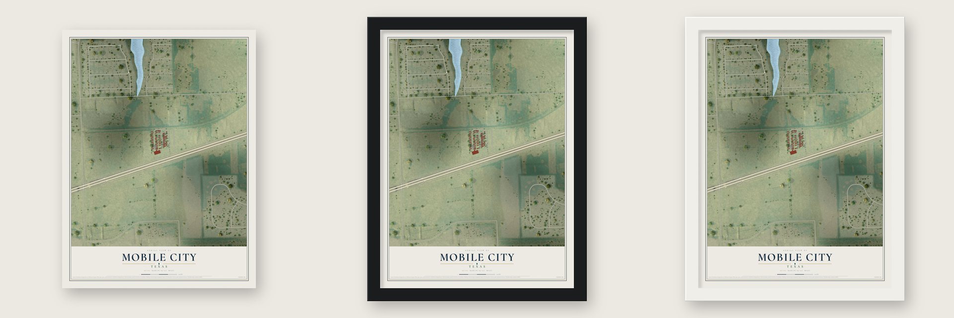 Mobile City, Texas map unframed, in a black wood frame and in a white wood frame