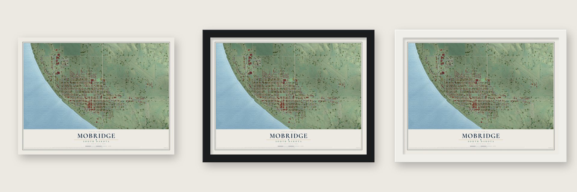 Mobridge, South Dakota map unframed, in a black wood frame and in a white wood frame