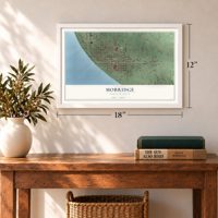Mobridge, South Dakota map, 12 x 18 inch print in a white frame in an entryway