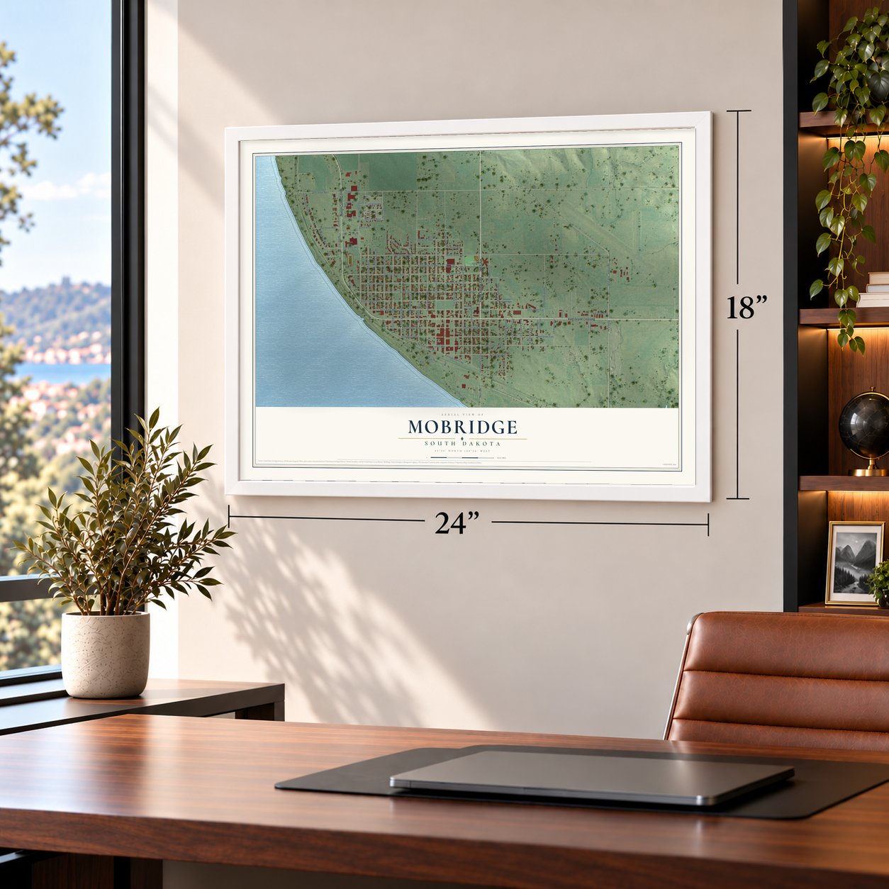 Mobridge, South Dakota map, 18 x 24 inch print in a white frame in a home office
