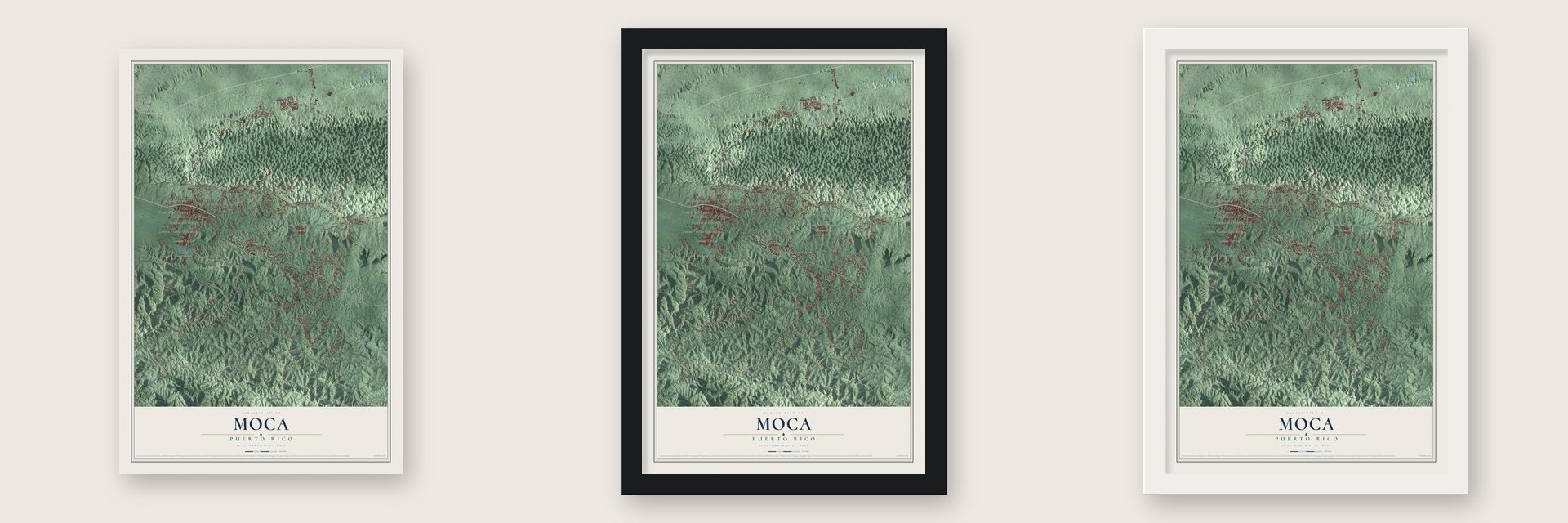 Moca, Puerto Rico map unframed, in a black wood frame and in a white wood frame