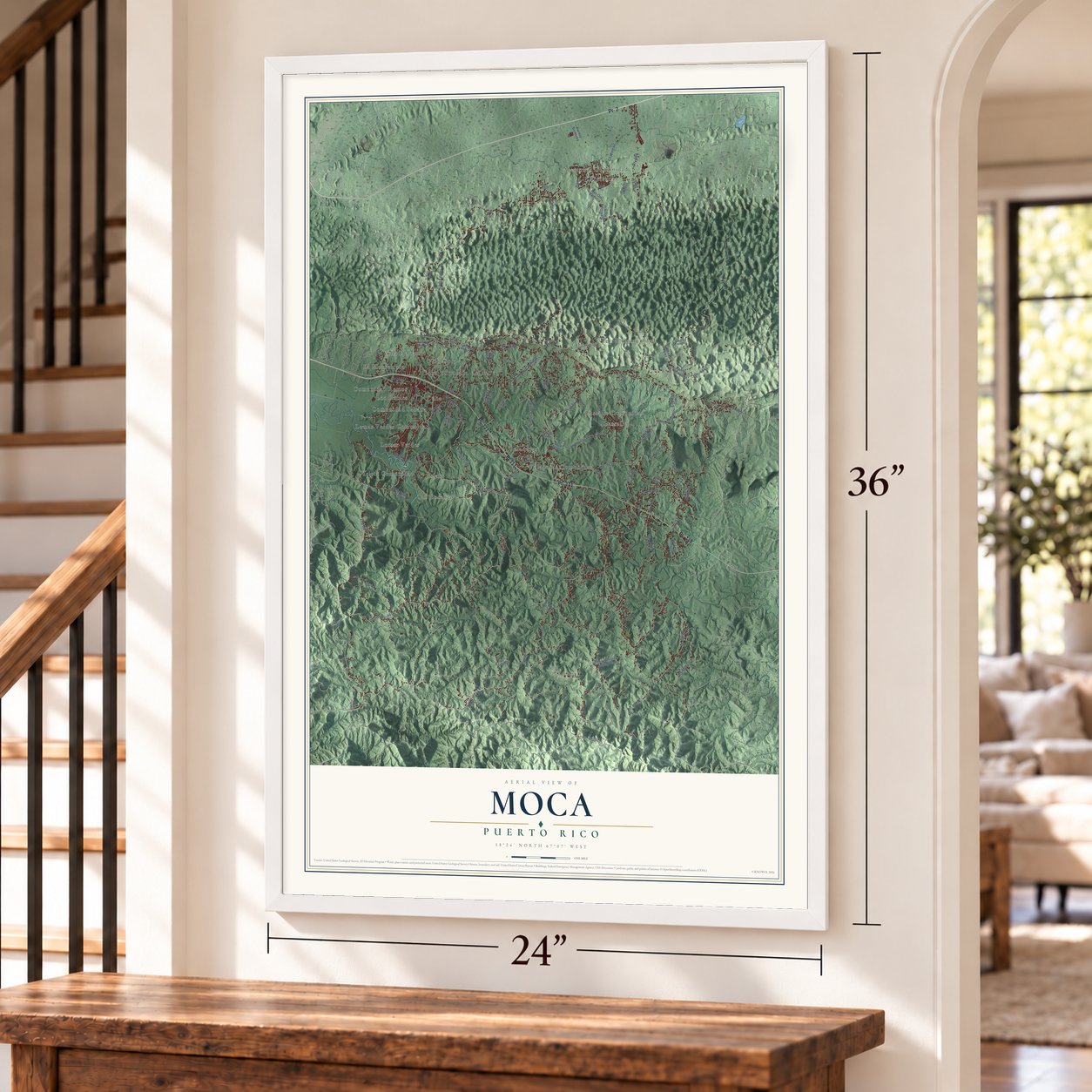 Moca, Puerto Rico map, 24 x 36 inch print in a white frame by a staircase