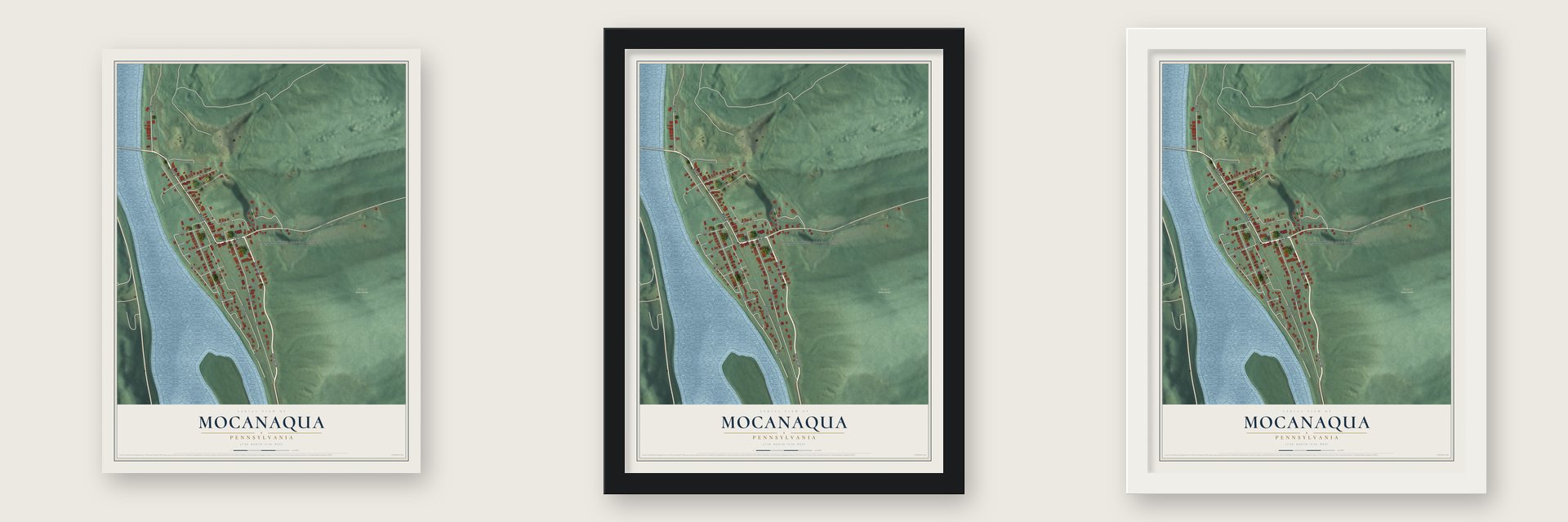Mocanaqua, Pennsylvania map unframed, in a black wood frame and in a white wood frame