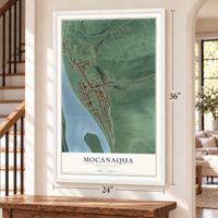 Mocanaqua, Pennsylvania map, 24 x 36 inch print in a white frame by a staircase