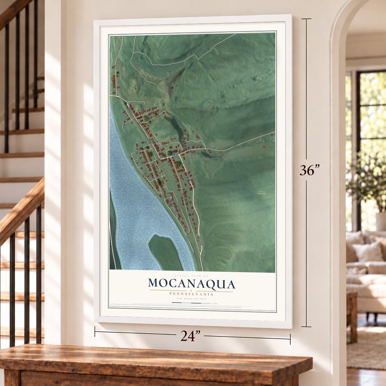 Mocanaqua, Pennsylvania map, 24 x 36 inch print in a white frame by a staircase