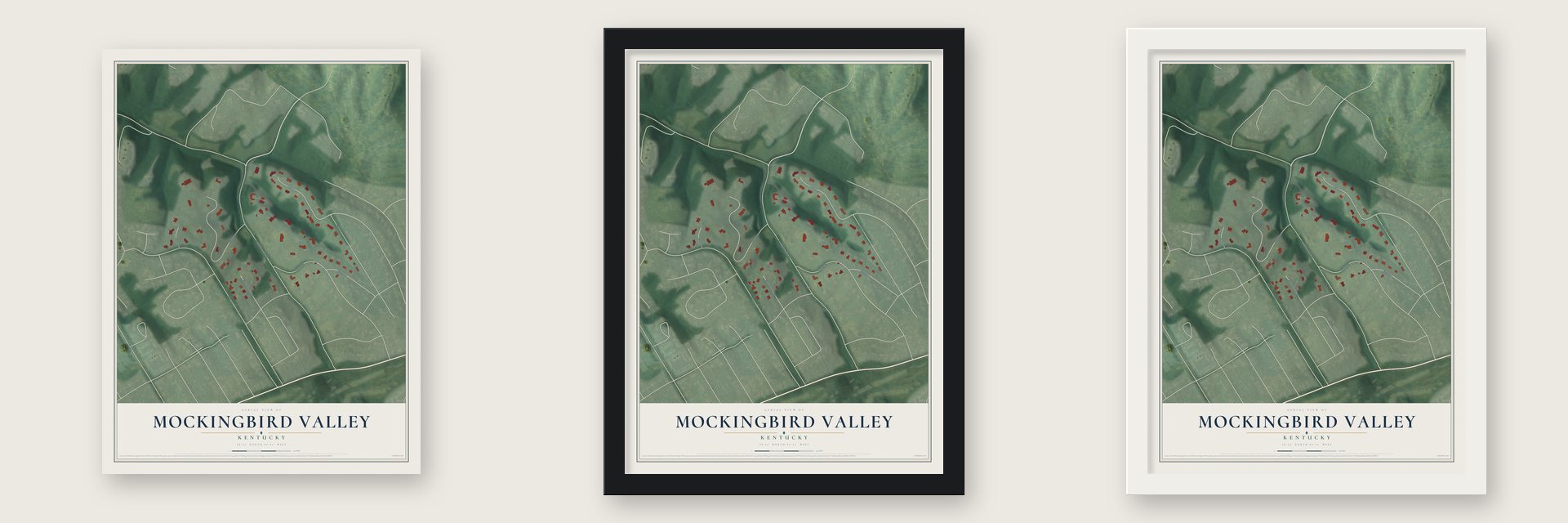 Mockingbird Valley, Kentucky map unframed, in a black wood frame and in a white wood frame