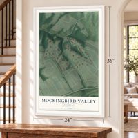 Mockingbird Valley, Kentucky map, 24 x 36 inch print in a white frame by a staircase