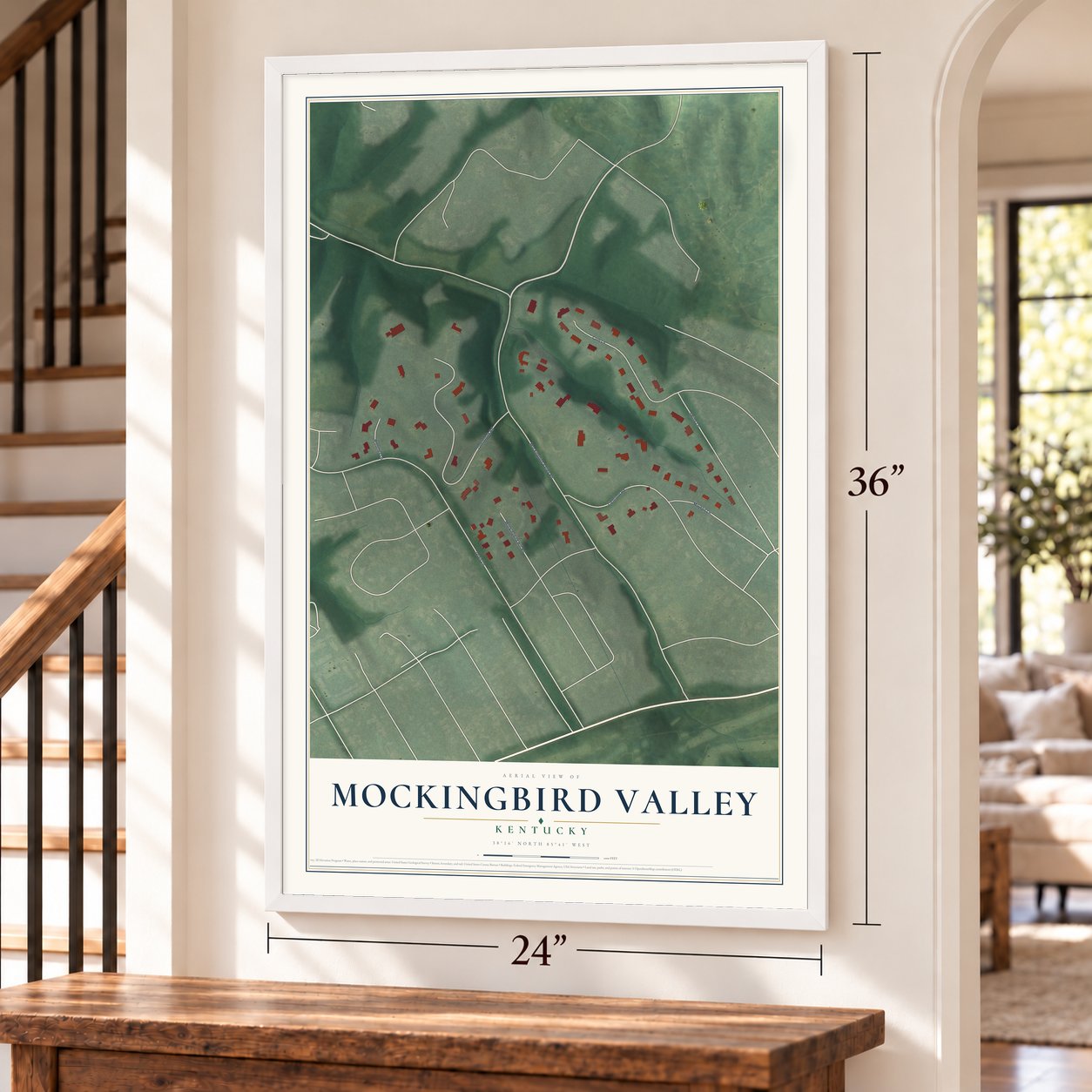 Mockingbird Valley, Kentucky map, 24 x 36 inch print in a white frame by a staircase