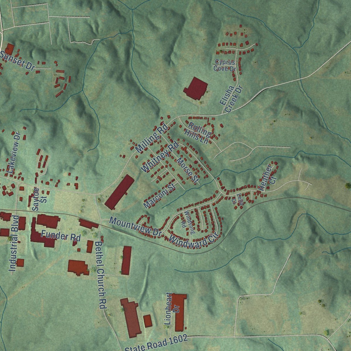 Second close-up of the map of Mocksville, North Carolina print showing more streets and buildings
