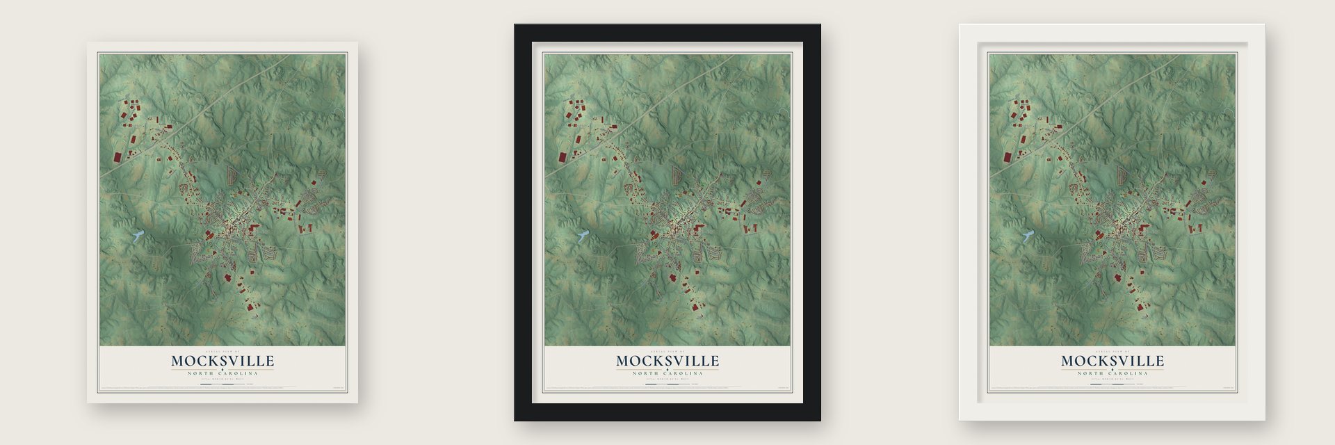 Mocksville, North Carolina map unframed, in a black wood frame and in a white wood frame