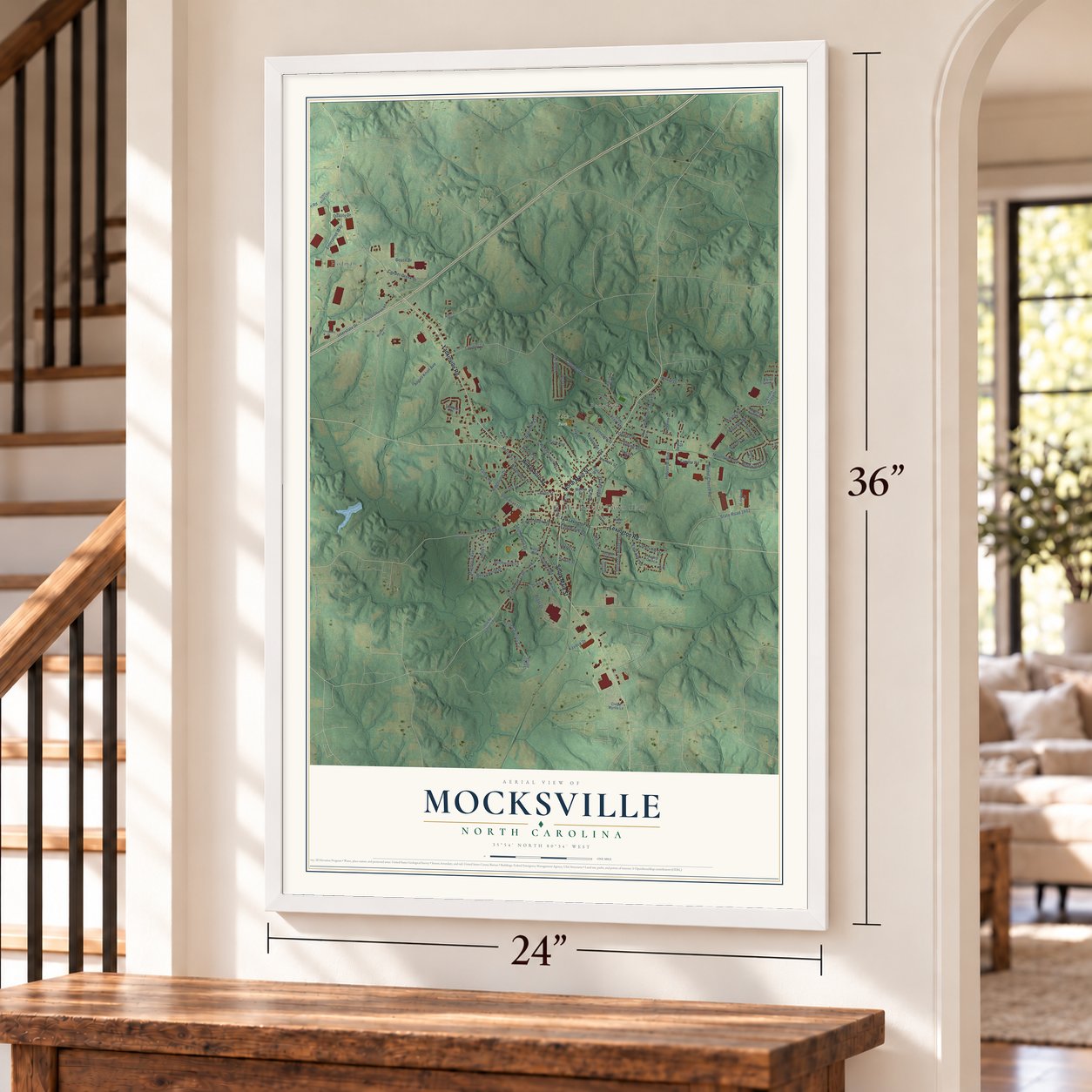 Mocksville, North Carolina map, 24 x 36 inch print in a white frame by a staircase