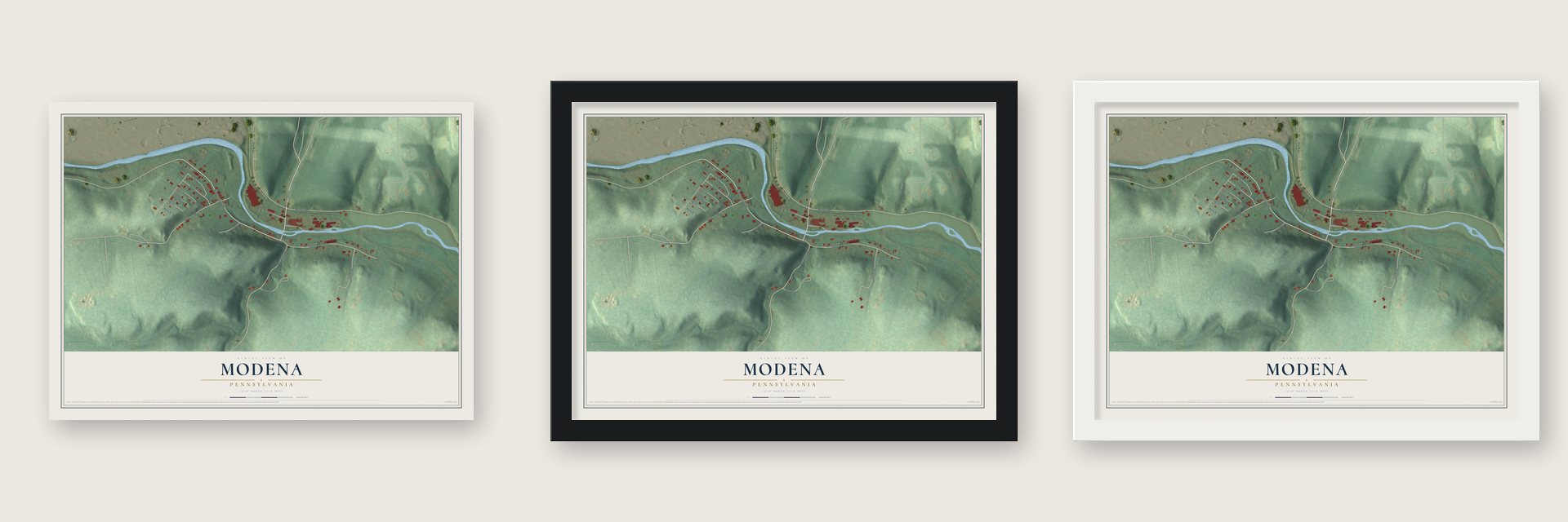 Modena, Pennsylvania map unframed, in a black wood frame and in a white wood frame