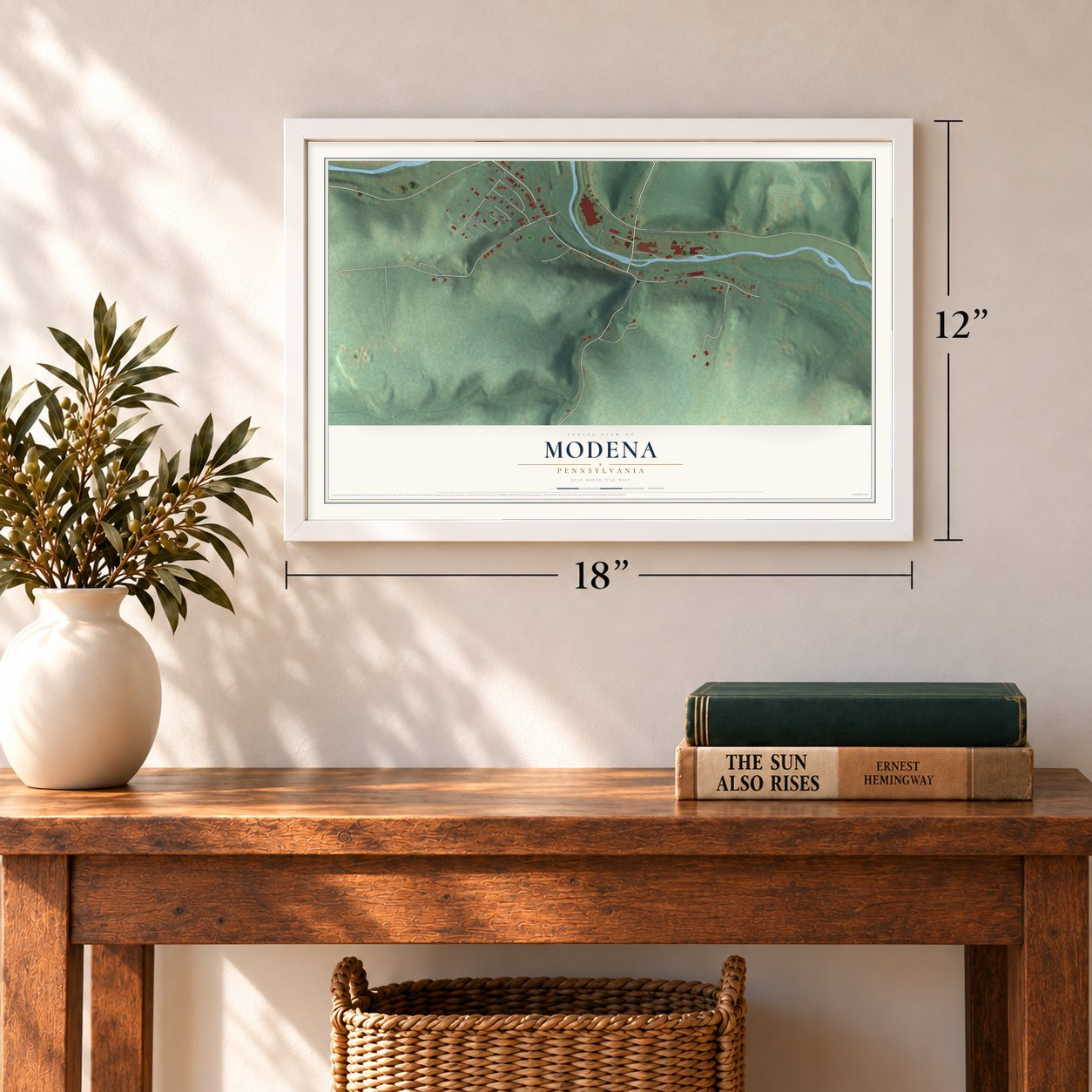 Modena, Pennsylvania map, 12 x 18 inch print in a white frame in an entryway