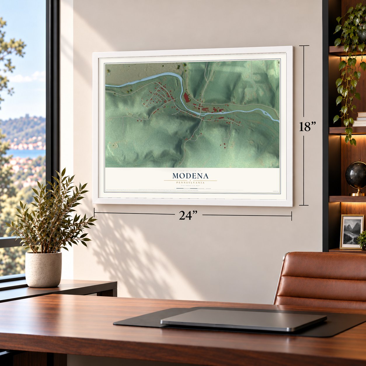Modena, Pennsylvania map, 18 x 24 inch print in a white frame in a home office