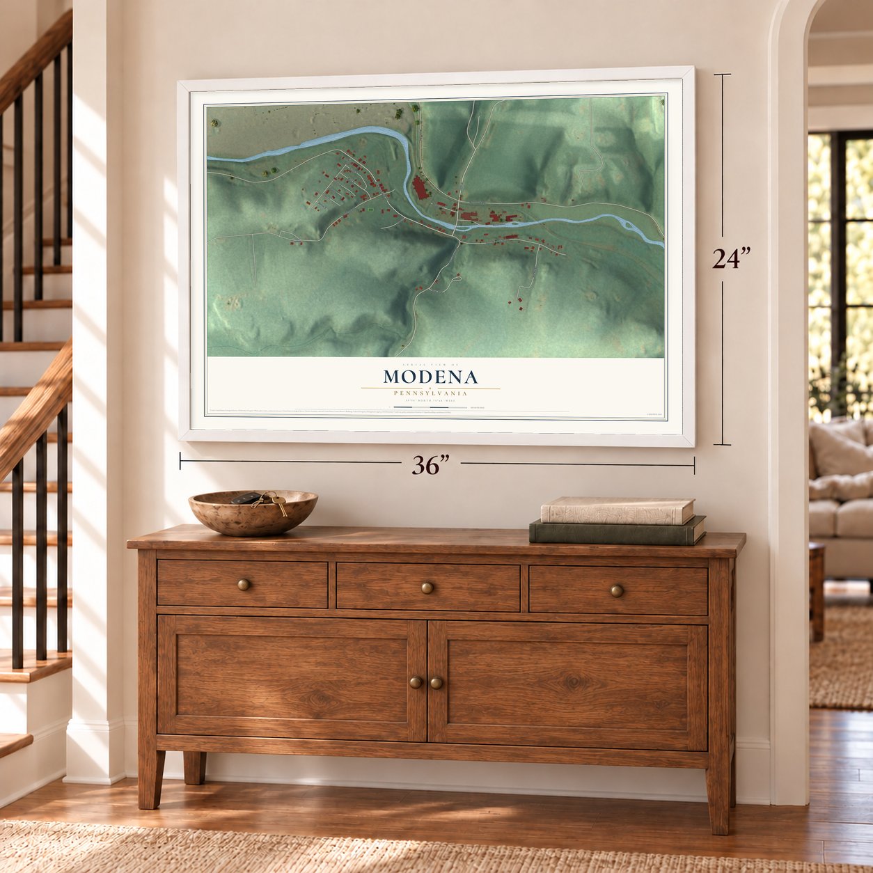 Modena, Pennsylvania map, 24 x 36 inch print in a white frame above a dresser by a staircase