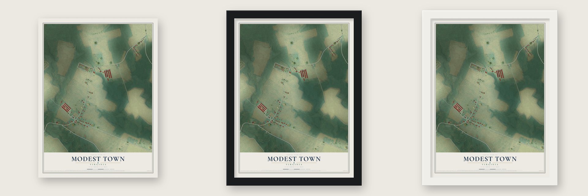 Modest Town, Virginia map unframed, in a black wood frame and in a white wood frame