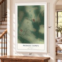 Modest Town, Virginia map, 24 x 36 inch print in a white frame by a staircase