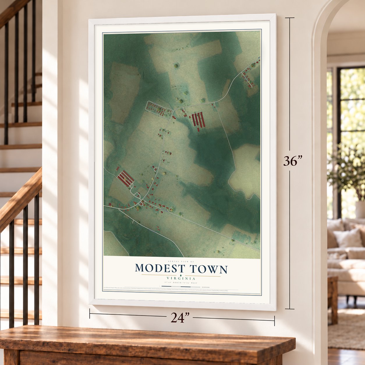 Modest Town, Virginia map, 24 x 36 inch print in a white frame by a staircase
