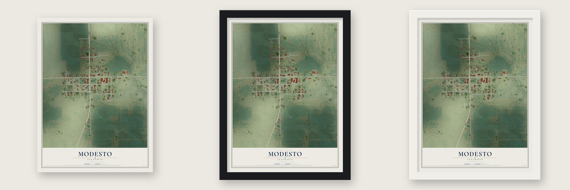 Modesto, Illinois map unframed, in a black wood frame and in a white wood frame