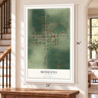 Modesto, Illinois map, 24 x 36 inch print in a white frame by a staircase
