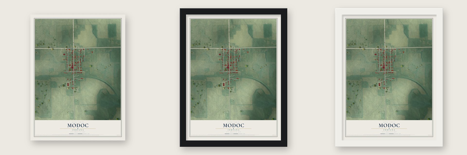 Modoc, Indiana map unframed, in a black wood frame and in a white wood frame