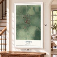 Modoc, Indiana map, 24 x 36 inch print in a white frame by a staircase
