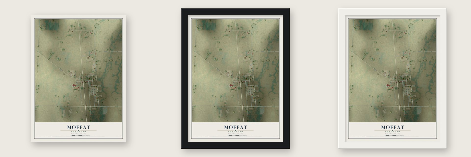 Moffat, Colorado map unframed, in a black wood frame and in a white wood frame