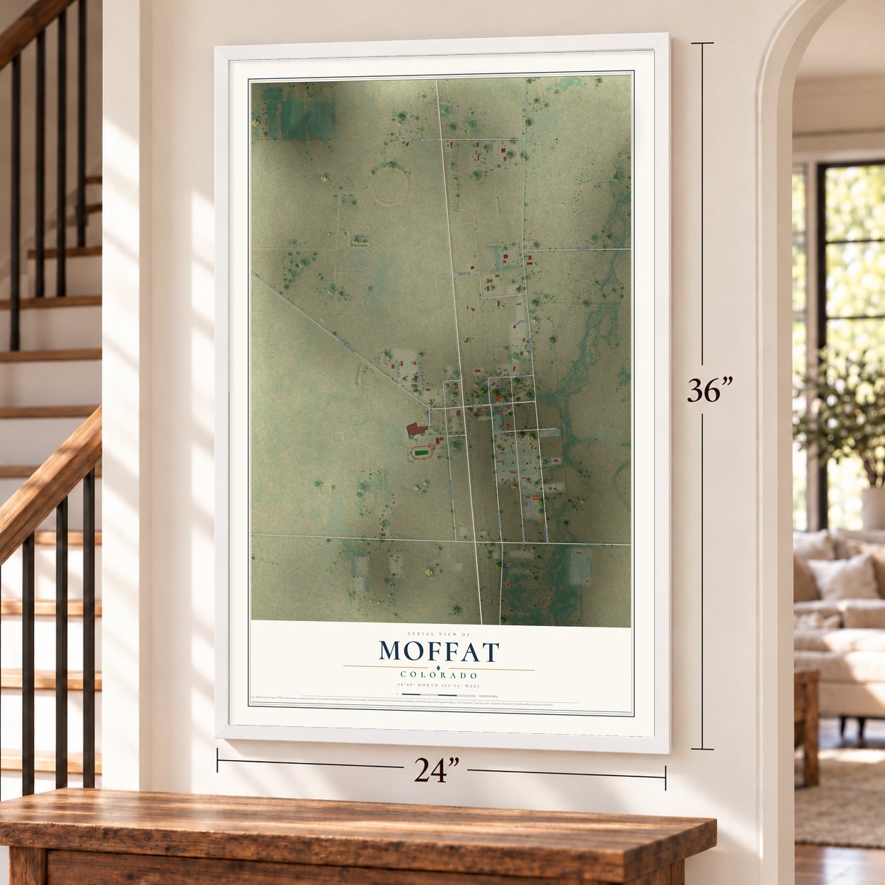 Moffat, Colorado map, 24 x 36 inch print in a white frame by a staircase