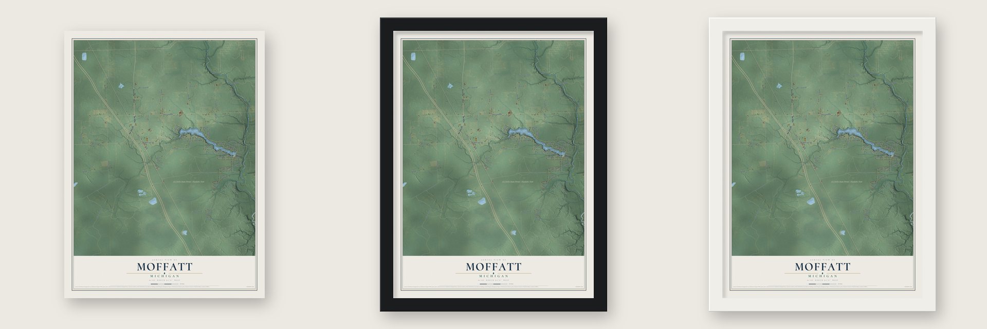 Moffatt, Michigan map unframed, in a black wood frame and in a white wood frame