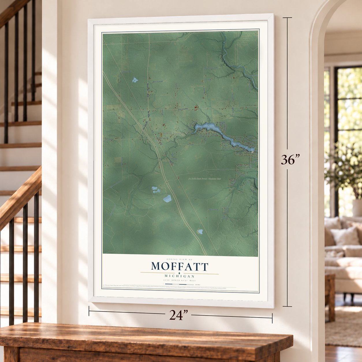Moffatt, Michigan map, 24 x 36 inch print in a white frame by a staircase