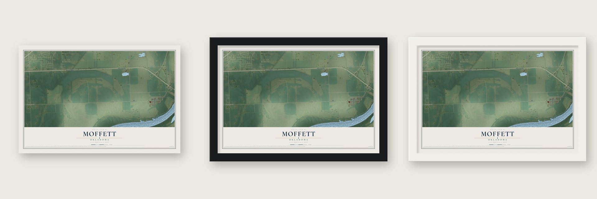 Moffett, Oklahoma map unframed, in a black wood frame and in a white wood frame