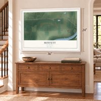 Moffett, Oklahoma map, 24 x 36 inch print in a white frame above a dresser by a staircase