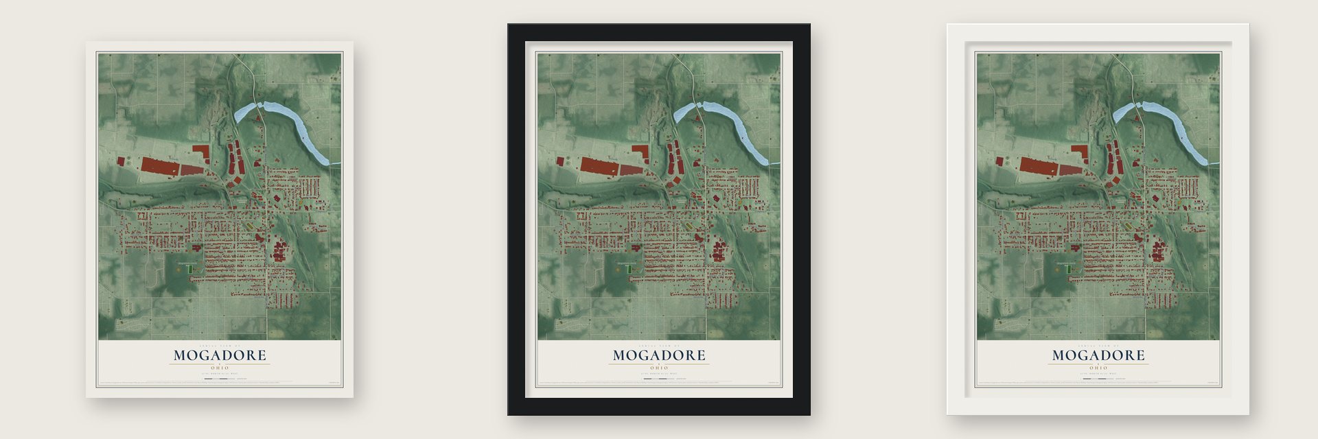 Mogadore, Ohio map unframed, in a black wood frame and in a white wood frame