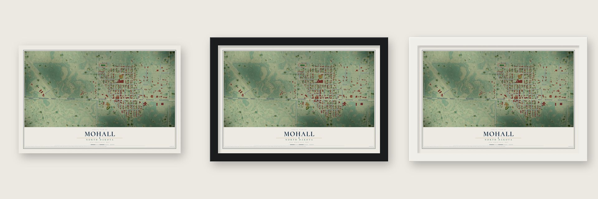 Mohall, North Dakota map unframed, in a black wood frame and in a white wood frame