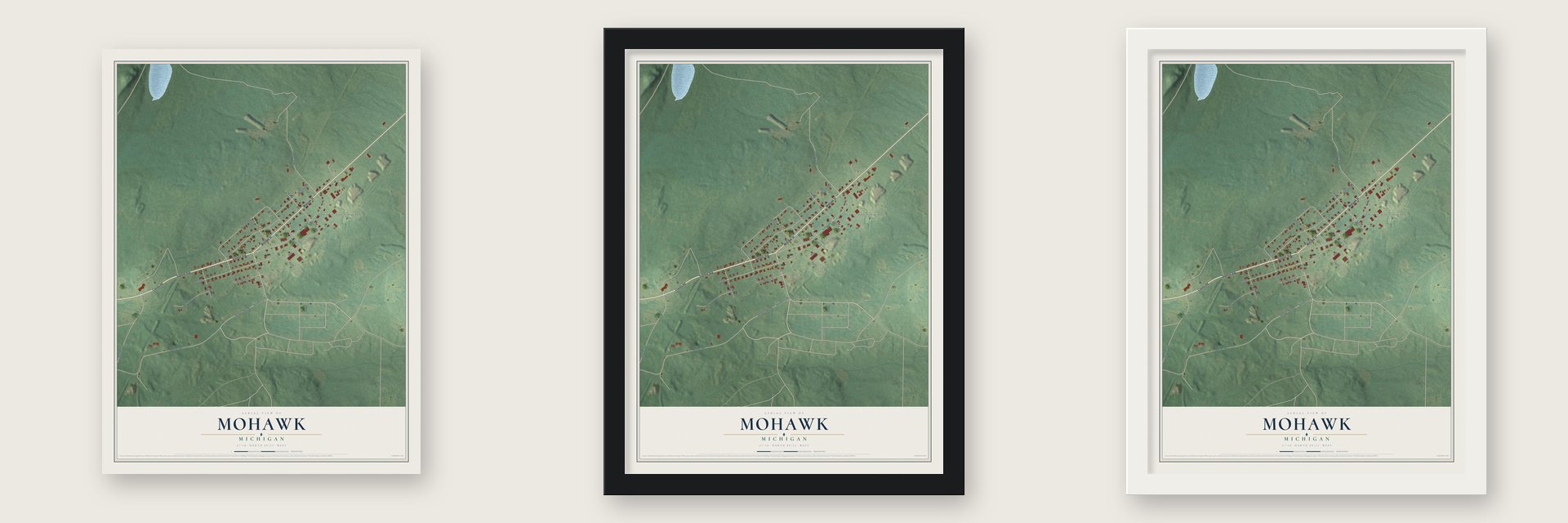 Mohawk, Michigan map unframed, in a black wood frame and in a white wood frame