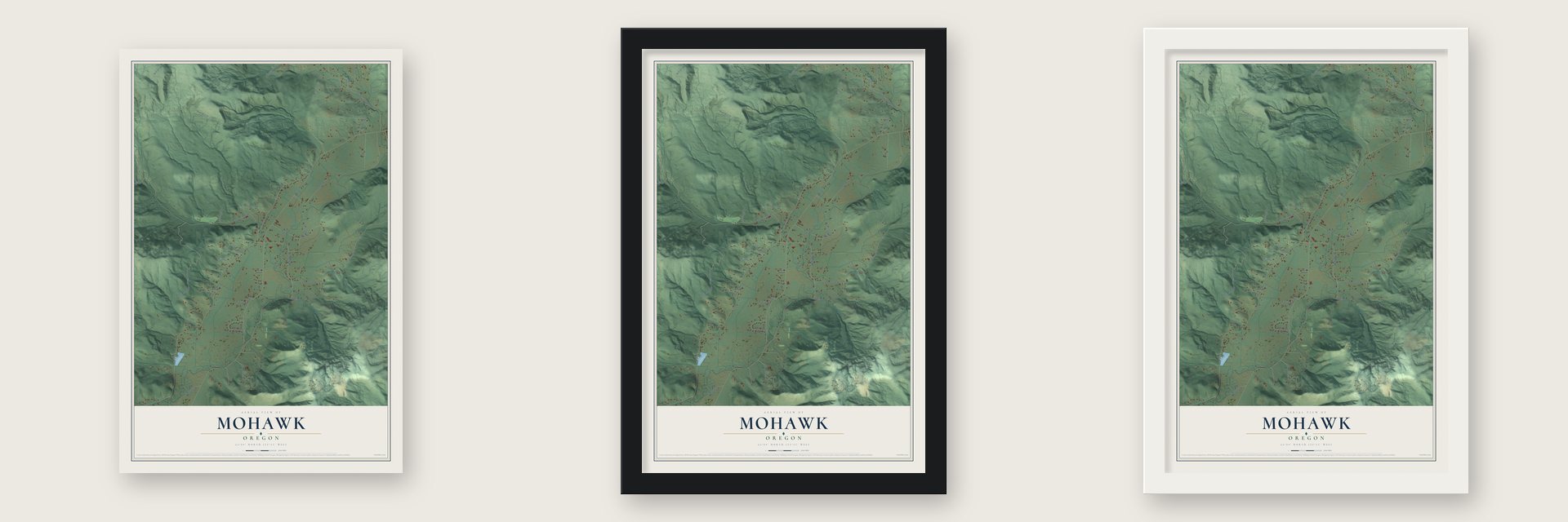 Mohawk, Oregon map unframed, in a black wood frame and in a white wood frame